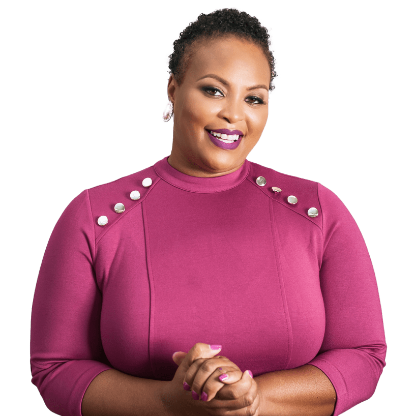 Beth Ruffin wearing a purple dress with embellished shoulders smiling with interlocked hands.