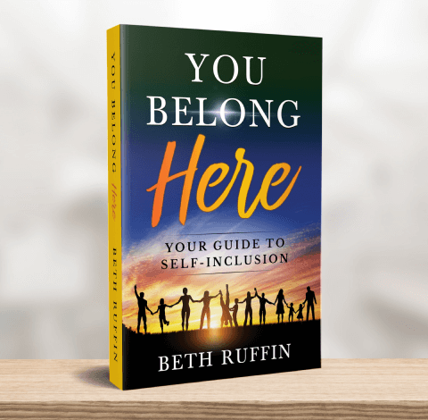 A book titled "YOU BELONG HERE" by Beth Ruffin with a cover featuring silhouetted figures holding hands against a sunset.