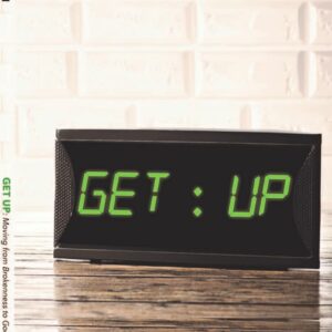 A book titled "GET UP: Moving from Brokenness to God-Given Purpose" by Beth Ruffin, with a digital alarm clock design.